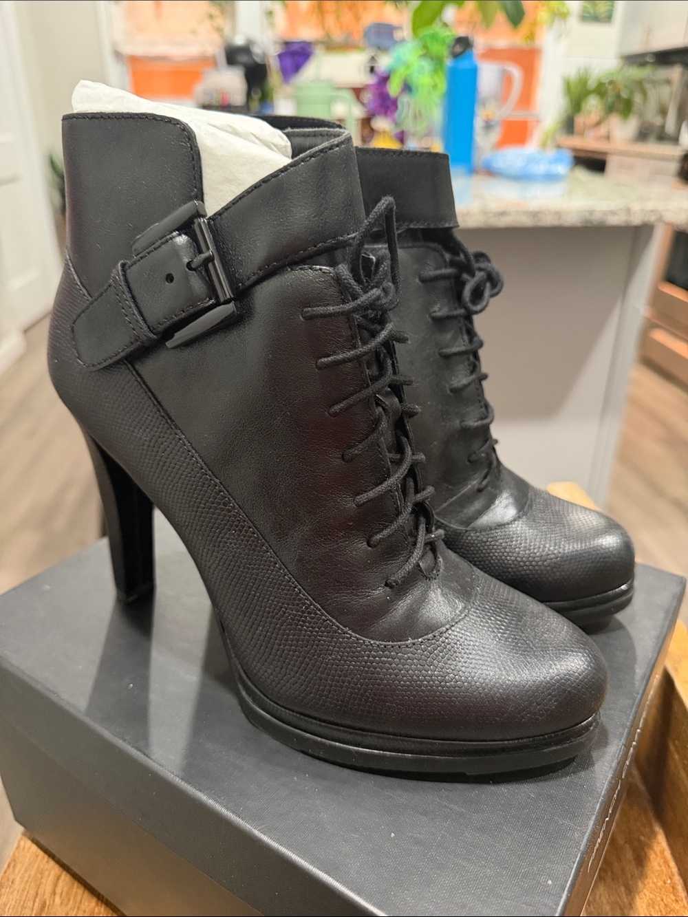 French Connection Black Lace-Up Buckle Ankle Boots